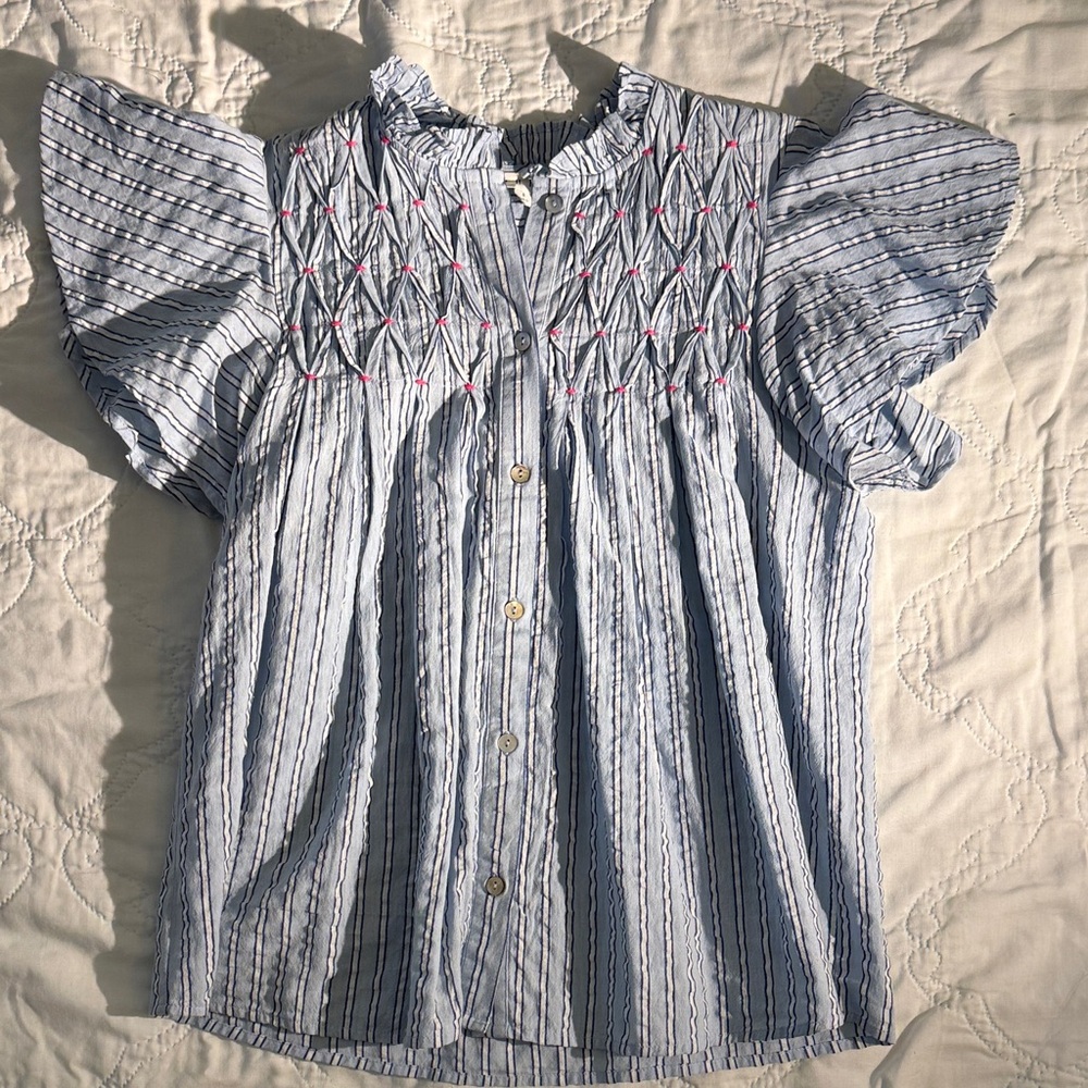 THML Light Blue Striped Smocked Button-Front Blouse